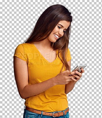 Buy stock photo Woman, smile and typing with smartphone to chat, update social media post or reading notification isolated on transparent png background. Internet, contact or search web for news, mobile games or app