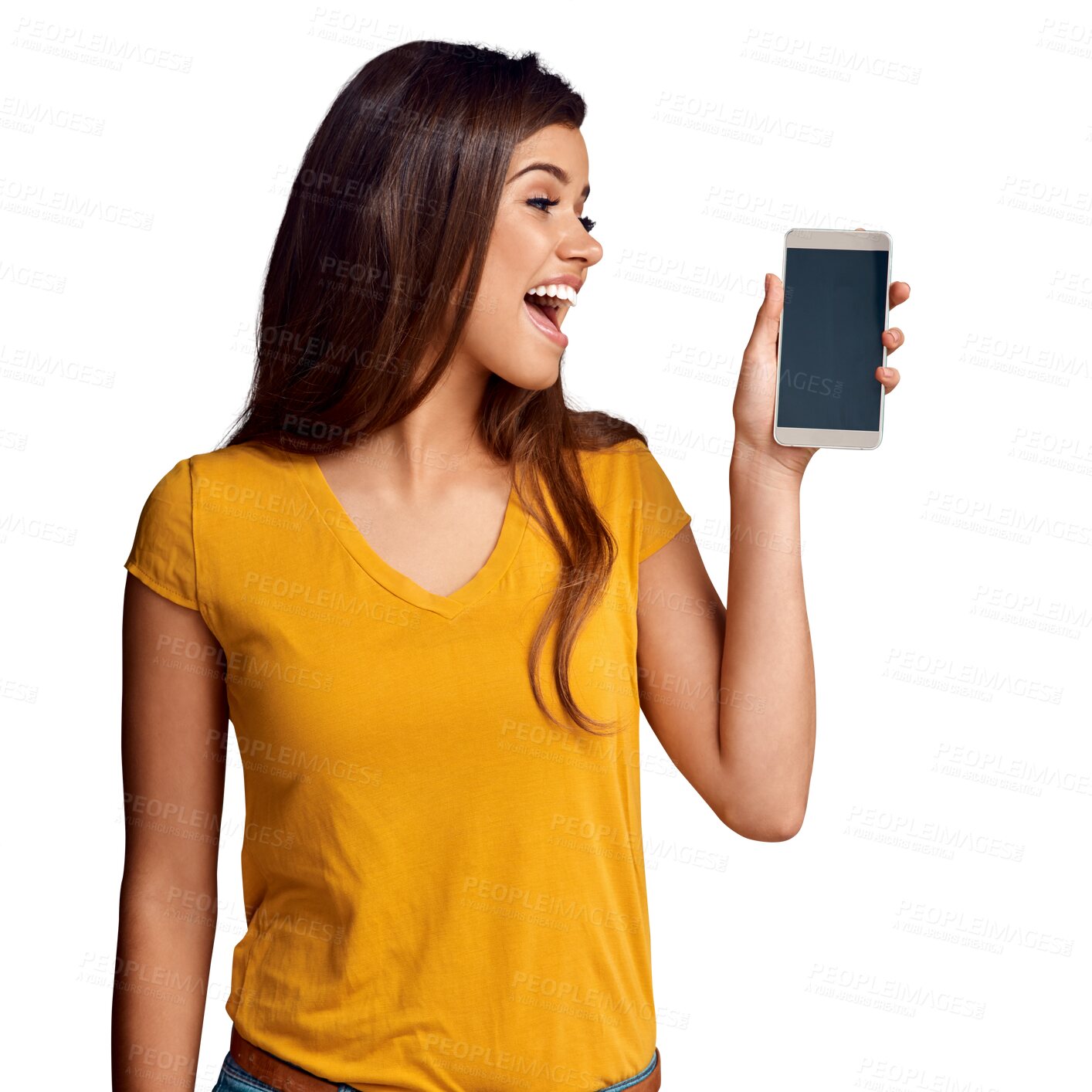 Buy stock photo Excited, woman and screen of phone with space, advertising offer and review about us isolated on transparent png background. Mobile newsletter, sales announcement or promotion coming soon mockup