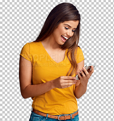 Buy stock photo Woman, smile and smartphone for reading notification, update social media post or search news app isolated on transparent png background. Multimedia, digital subscription  or excited for mobile games