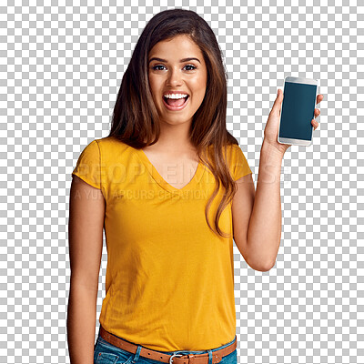 Buy stock photo Happy woman, portrait and screen of phone for advertising space, offer and newsletter about us isolated on transparent png background. Mobile app, sales announcement and excited promotion coming soon