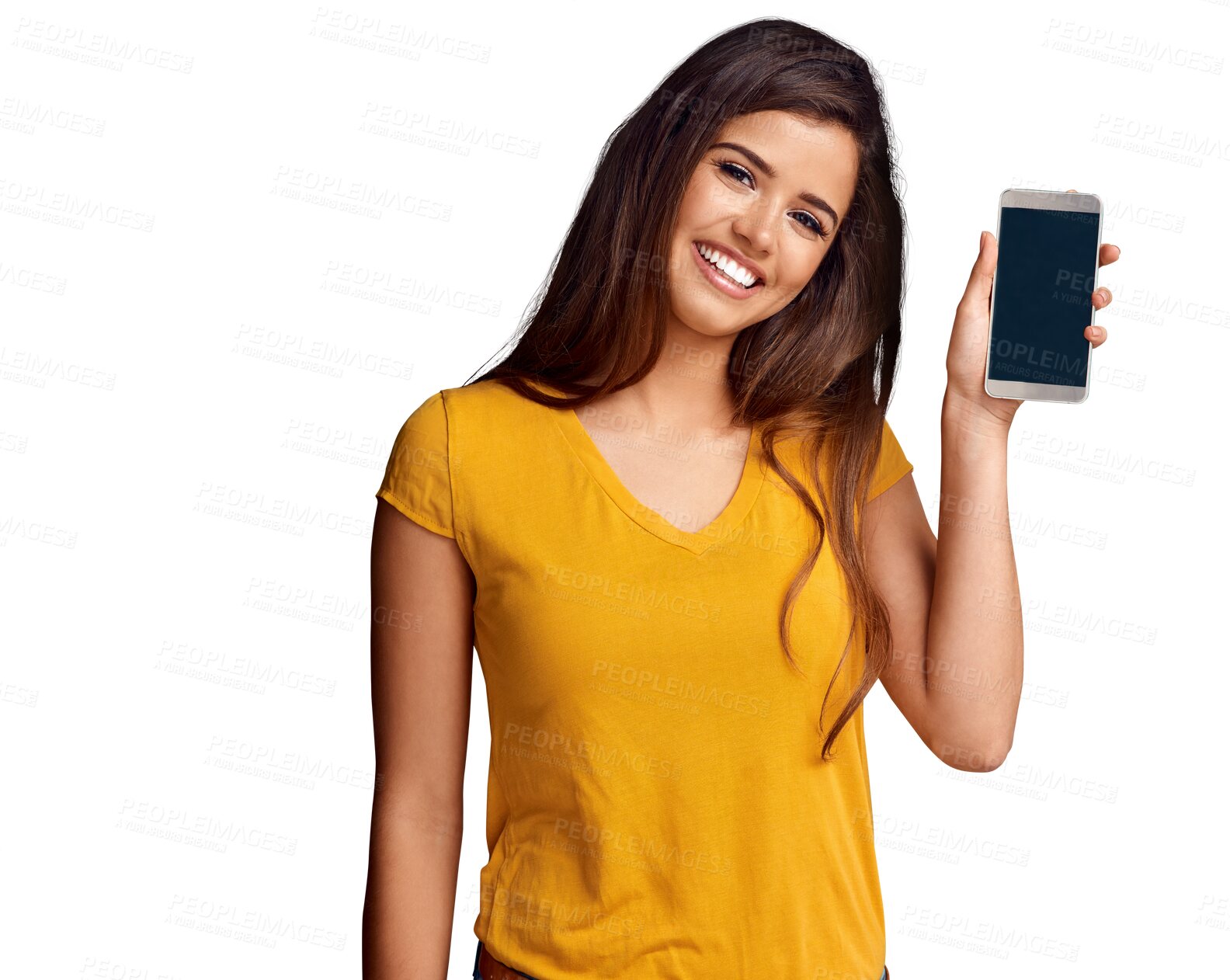 Buy stock photo Portrait, woman and screen of phone with space, advertising offer or review information about us isolated on transparent png background. Mobile newsletter, sales announcement or promotion coming soon