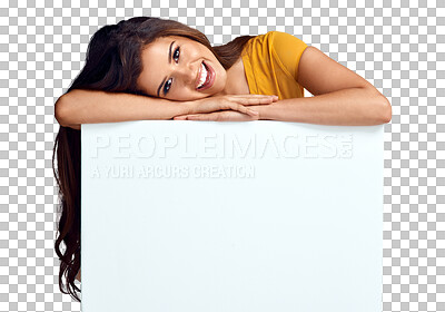 Buy stock photo Isolated woman, blank poster and smile in portrait for marketing, review or opinion by transparent png background. Girl, paper sign or board for promo, feedback and happy for news with mockup space