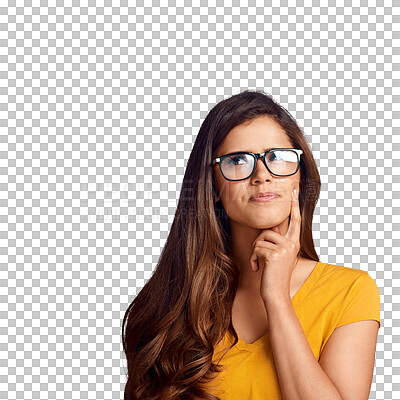 Buy stock photo Woman, thinking and confused or doubt, vision and question for choice, decision and future. Female person, ideas and problem solving or plan, brainstorming and isolated on transparent png background