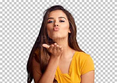 Buy stock photo Blowing kiss, woman and face in portrait, flirting and emoji or isolated on transparent png background. Female person, confidence and thank you or gratitude, motivation and romance or kindness