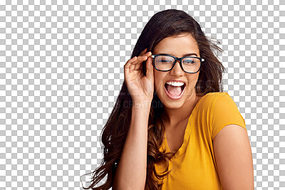 Buy stock photo Happy woman, smile and wink with glasses for vision, eye care and sight with modern design. Female model, excited and spectacles with cool, new and frame on isolated or transparent png background