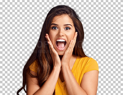 Buy stock photo Woman, portrait and surprised with wow or excited for announcement or news isolated on a png transparent background. Person, face and shocked for notification, discount or gossip with smile or happy