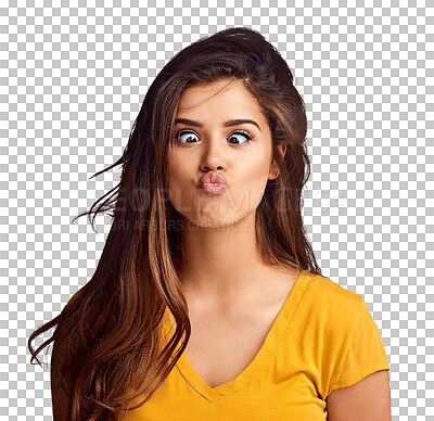 Buy stock photo Funny, face and woman with crazy eyes and model in transparent, isolated or png background. Silly, emoji and person with goofy, humor and expression for comedy with lips pouting and squinting