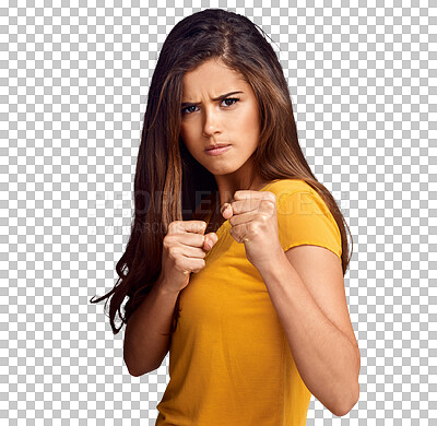 Buy stock photo Isolated woman, fight and fist in portrait, angry and frustrated with power by transparent png background. Girl, stress and face for conflict with hands, self defence and martial arts with gesture