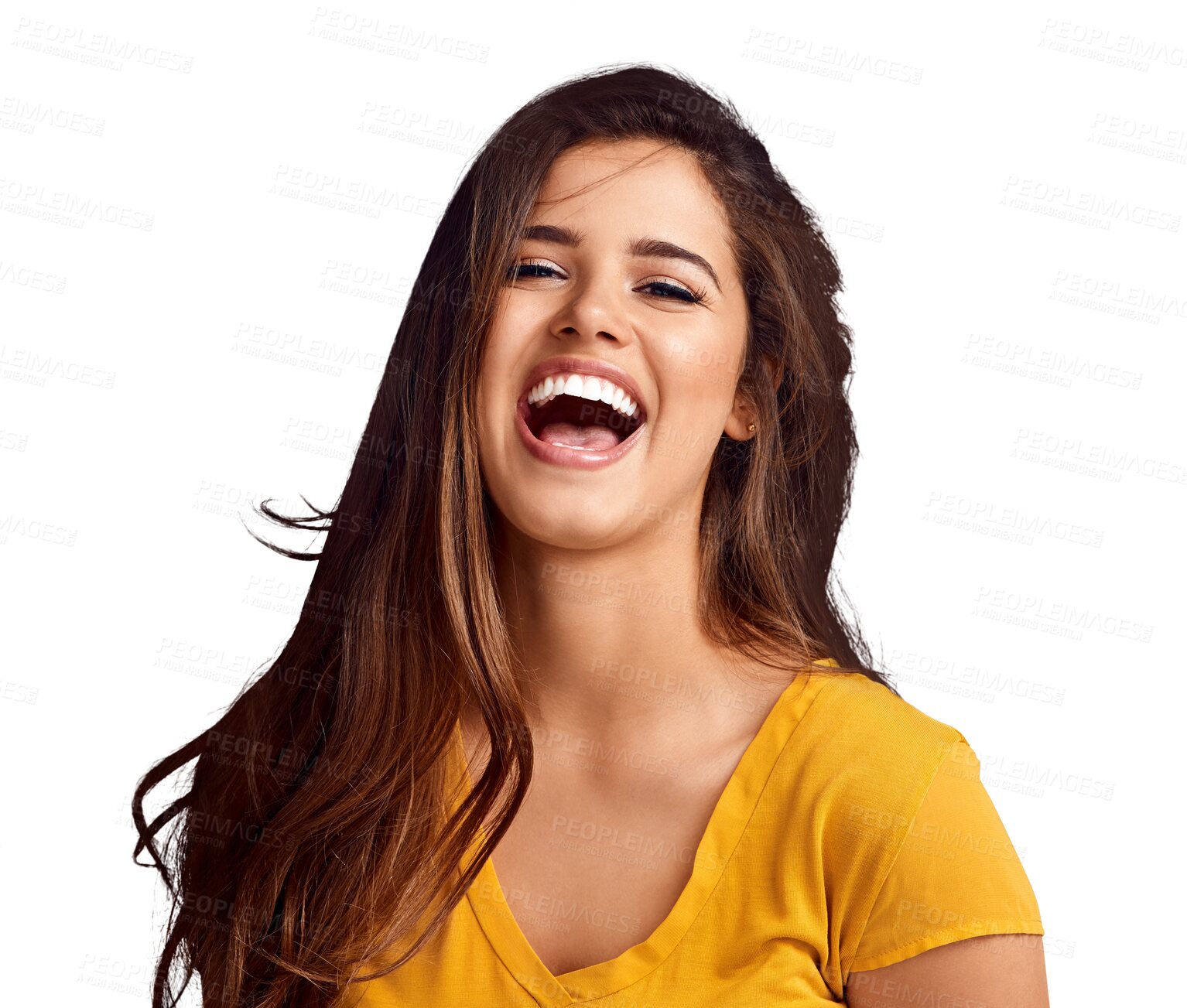 Buy stock photo Portrait, skincare and a woman laughing at a joke isolated on a transparent background for natural wellness. Face, beauty and funny with a happy young model on PNG for comedy, humor or expression