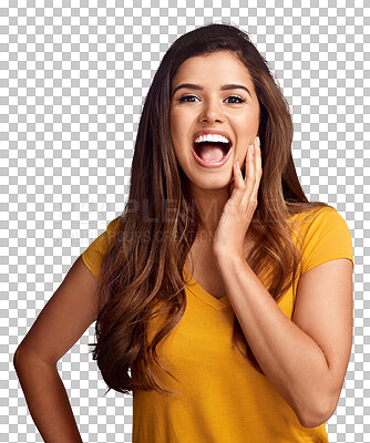 Buy stock photo Portrait, excited woman and hand for beauty, skincare and isolated on a transparent png background. Happy young person touch skin, face and natural health, wellness and funny girl laughing in Brazil
