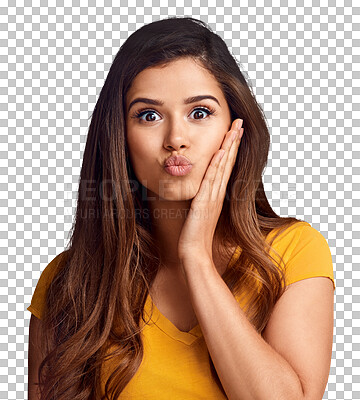 Buy stock photo Portrait, skincare and pout expression with a woman isolated on transparent background for natural wellness. Face, beauty and a confident young model on PNG to gesture a kissing emoji with her mouth