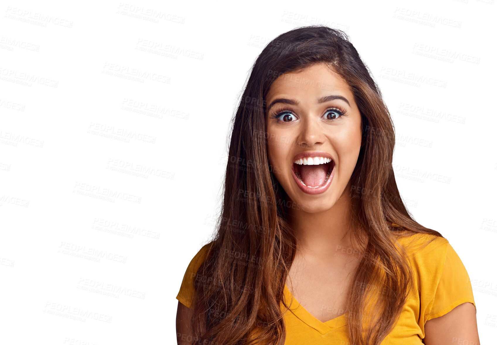 Buy stock photo Surprise, shock and portrait of young woman with good, exciting and crazy news or announcement. Happy, excited and Indian female model with omg, wow or wtf face isolated by transparent png background