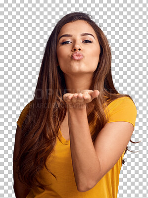 Buy stock photo Blowing kiss, woman and love in portrait, emoji and flirting or isolated on transparent png background. Female person, confidence and thank you or gratitude, motivation and romance or kindness