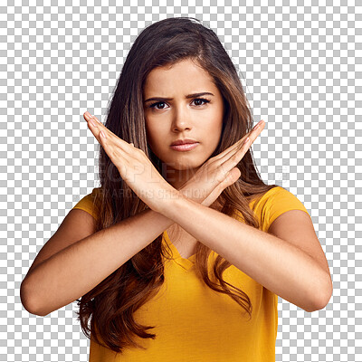 Buy stock photo Woman, hands and stop or no, cross sign and protest or rejection, ban and conflict. Female person, x and emoji or vote, icon and defence or objection, wrong and isolated on transparent png background