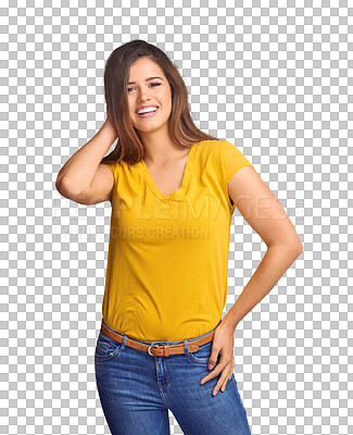 Buy stock photo Fashion, smile and portrait of young woman in casual, trendy and stylish outfit with confidence. Happy, beautiful and female model from Colombia with cool style isolated by transparent png background