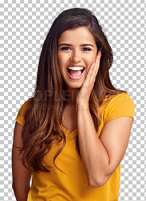 Buy stock photo Happiness, portrait and woman surprise, excited and react to wow news, announcement or notification. Emoji facial expression, OMG and shocked model isolated on a transparent, png background