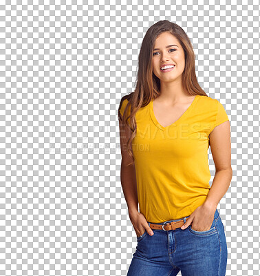 Buy stock photo Fashion, happy and portrait of young woman in casual, trendy and stylish outfit with confidence. Smile, beautiful and female model from Colombia with cool style isolated by transparent png background