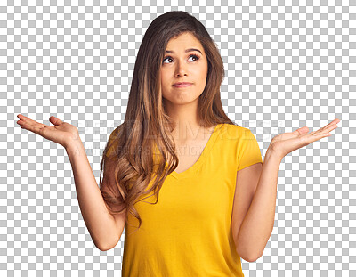 Buy stock photo Woman, confused and shrug for decision, choice or option with hands for presentation. Female model, gesture and thinking emoji on isolated or transparent png background for offer, unsure or question