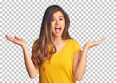 Buy stock photo Happy woman, portrait and smile with presentation for decision, option or choice with offer. Female model, excited emoji and suggestion on isolated or transparent png background by hand for scale