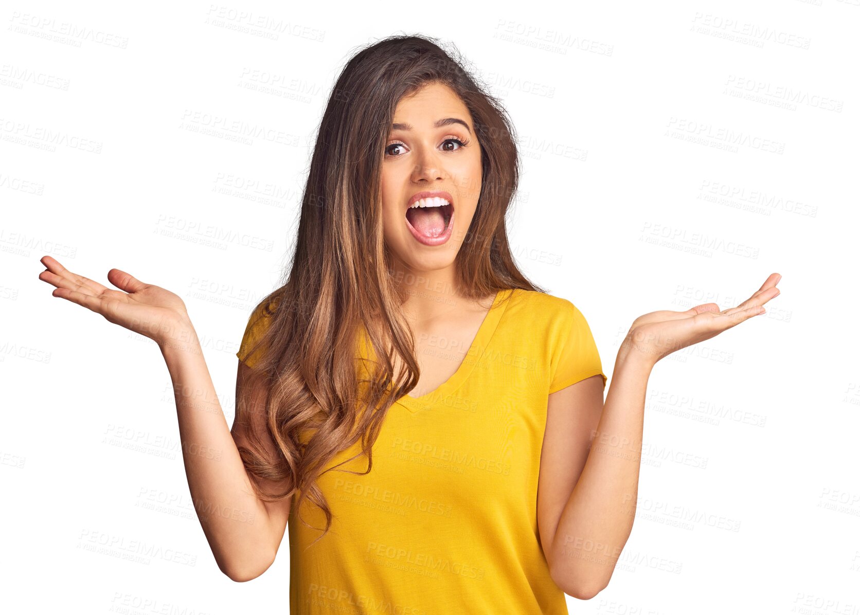 Buy stock photo Happy woman, portrait and smile with presentation for decision, option or choice with offer. Female model, excited emoji and suggestion on isolated or transparent png background by hand for scale