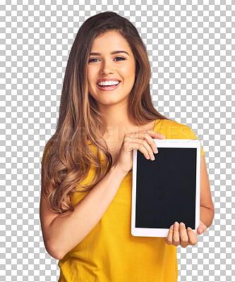 Buy stock photo Portrait of happy woman, tablet or space on screen for advertising, marketing or website. Png background, transparent or isolated person with smile or tech for branding, mockup or presentation online