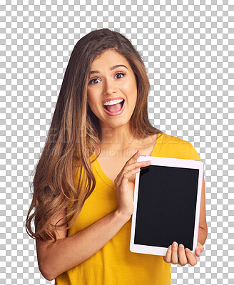 Buy stock photo Tablet screen, portrait and woman surprise, excited and react to online news, mockup tech deal or app notification. Social media announcement, wow and model isolated on a transparent, png background