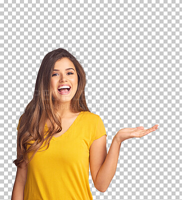 Buy stock photo Woman, smile and portrait with palm for advertising sales promotion, news announcement or presentation isolated on transparent png background. Offer, deal and excited feedback of information about us
