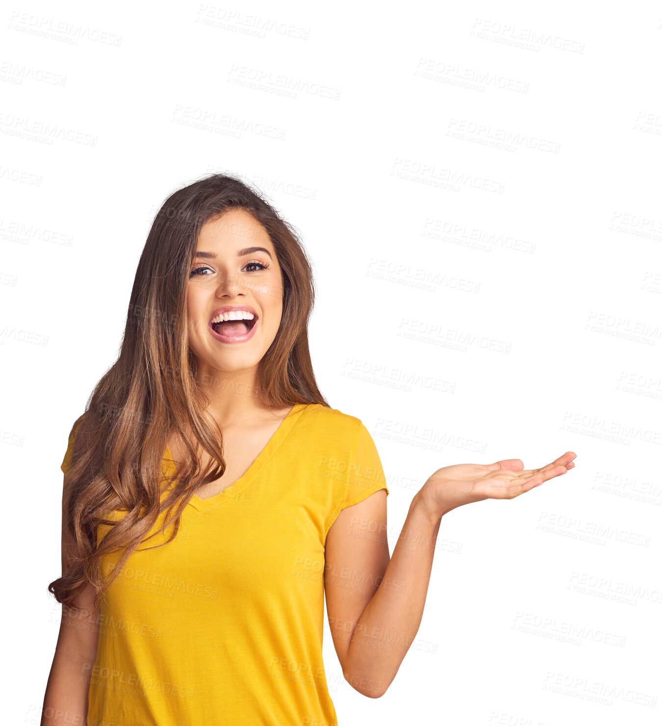 Buy stock photo Woman, smile and portrait with palm for advertising sales promotion, news announcement or presentation isolated on transparent png background. Offer, deal and excited feedback of information about us