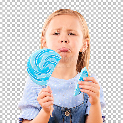 Buy stock photo Portrait, children and sad girl with a broken lollipop isolated on a transparent background upset about an accident. Kids, candy and an unhappy child holding a cracked piece of sugar snack on PNG