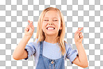 Child, fingers crossed and wish or hope in studio for luck, prayer or faith. Face of excited young girl kid on a orange background for hand gesture, icon or sign for dream, optimistic or superstition