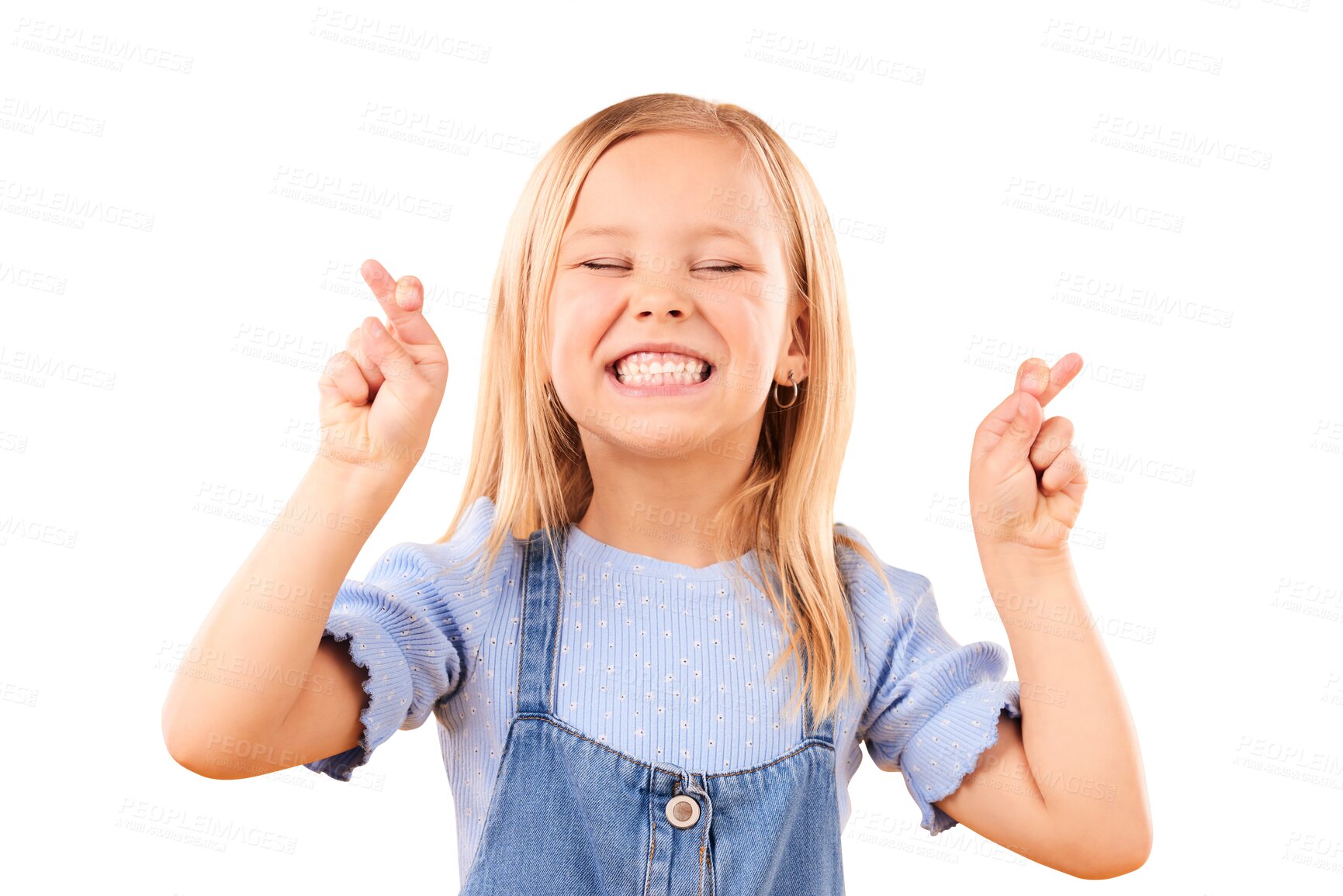 Buy stock photo Children, fingers crossed and wish or hope with a girl isolated on a transparent background for luck. Face smile or eyes closed and a young kid on PNG with a hand gesture, icon or sign for fantasy