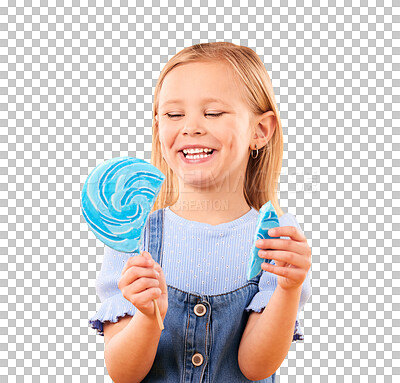 Buy stock photo Child, eating and lollipop candy smile for sweet tooth or sugar rush, treat or isolated transparent png background. Female person, kid or dessert as hungry taste or unhealthy snack food, fun or party