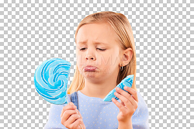 Buy stock photo Depression, kids and sad girl with a broken lollipop isolated on a transparent background upset about an accident. Children, candy and an unhappy youth holding a cracked piece of sugar snack on PNG