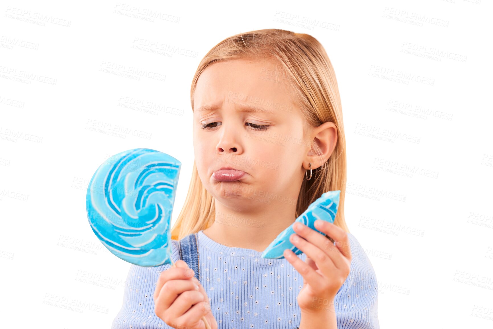 Buy stock photo Depression, kids and sad girl with a broken lollipop isolated on a transparent background upset about an accident. Children, candy and an unhappy youth holding a cracked piece of sugar snack on PNG