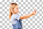 Phone, selfie or profile of kid in studio with confidence or mockup space in photograph memory. Post, orange background or young girl child taking picture online on a social media app on internet