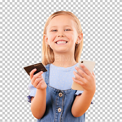 Buy stock photo Portrait, child and credit card with phone for online shopping, digital payment and fintech. Happy girl with mobile for games subscription, banking or savings isolated on transparent, png background 