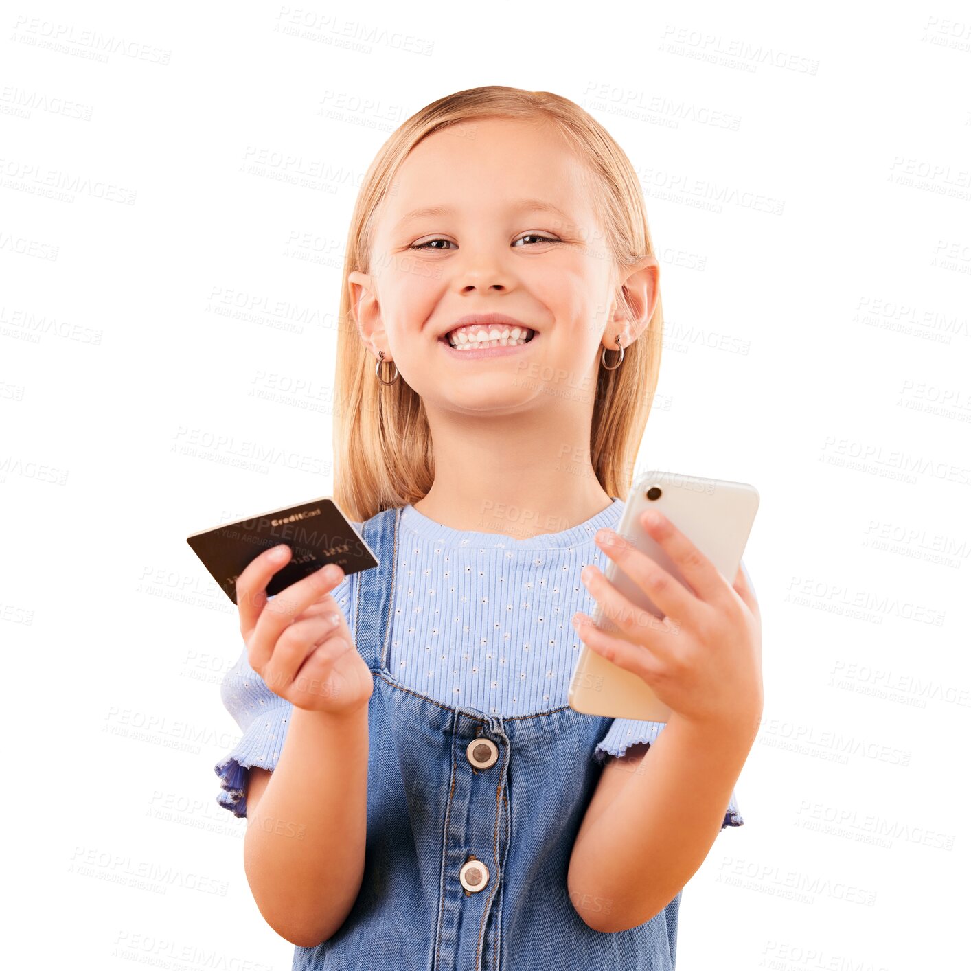 Buy stock photo Portrait, child and credit card with phone for online shopping, digital payment and fintech. Happy girl with mobile for games subscription, banking or savings isolated on transparent, png background 