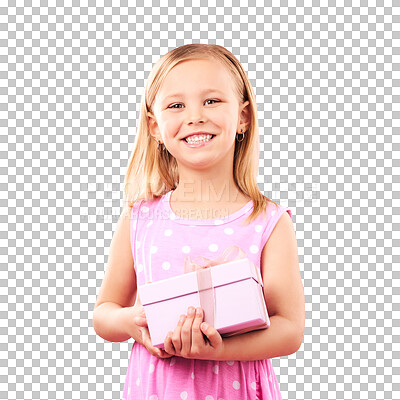 Child, gift or present portrait in studio for birthday, holiday or happy celebration. Excited girl kid on a pink background with box for surprise, giveaway prize or celebrate win with smile