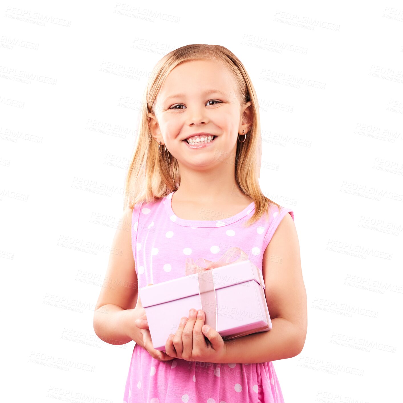 Buy stock photo Happy, smile and portrait of child with gift for birthday, event or party with positive attitude. Excited, surprise and little girl kid with pink present box isolated by transparent png background.