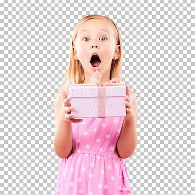 Buy stock photo Surprise, happy and portrait of child with gift for birthday, event or party with positive attitude. Excited, shock and little girl kid with pink present box isolated by transparent png background.