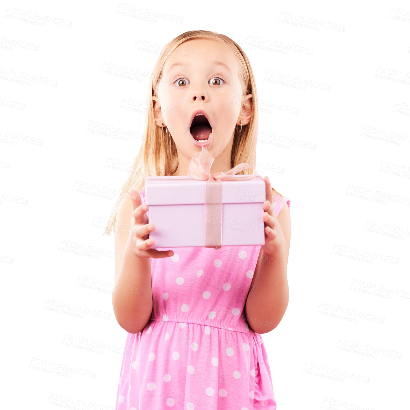 Buy stock photo Surprise, happy and portrait of child with gift for birthday, event or party with positive attitude. Excited, shock and little girl kid with pink present box isolated by transparent png background.