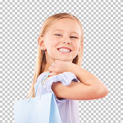 Buy stock photo Portrait, little girl and happy with shopping bag for purchase, gift or customer for fashion. Youth, smile or excited expression for retail, present or event on isolated or transparent png background