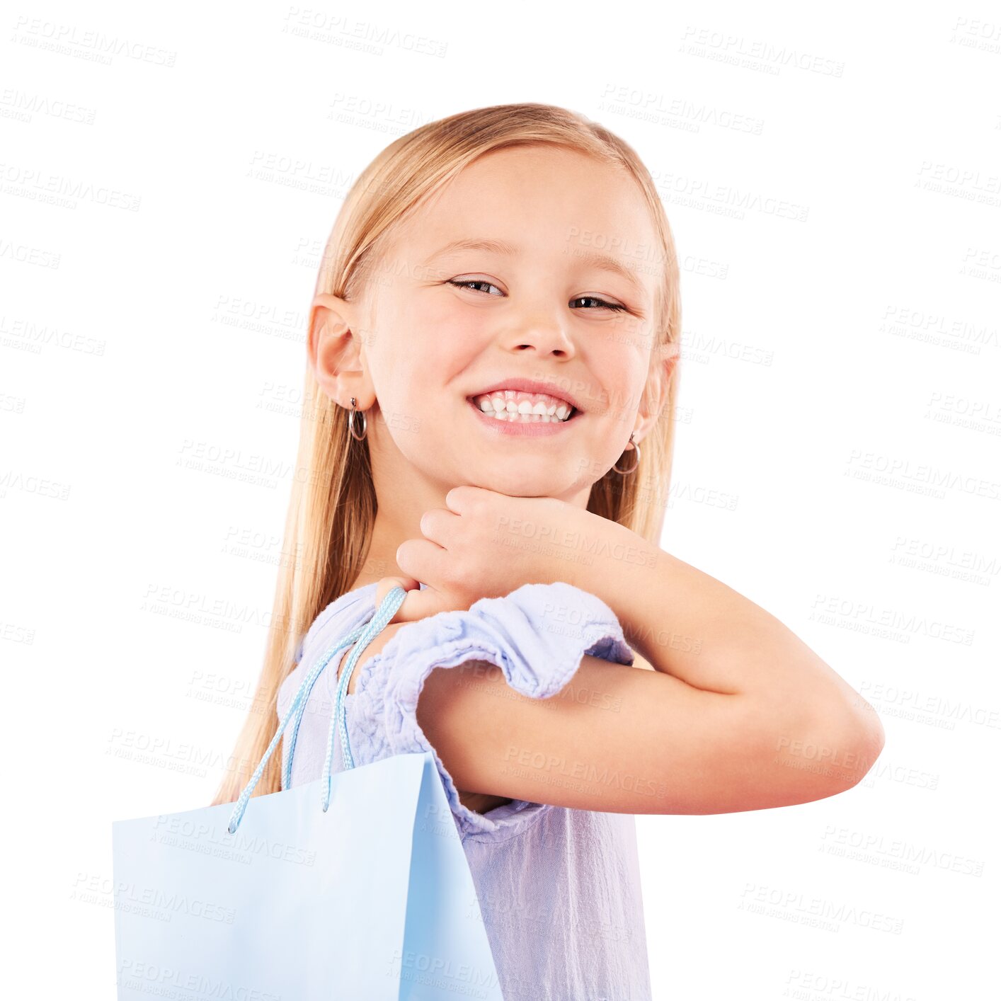 Buy stock photo Portrait, little girl and happy with shopping bag for purchase, gift or customer for fashion. Youth, smile or excited expression for retail, present or event on isolated or transparent png background