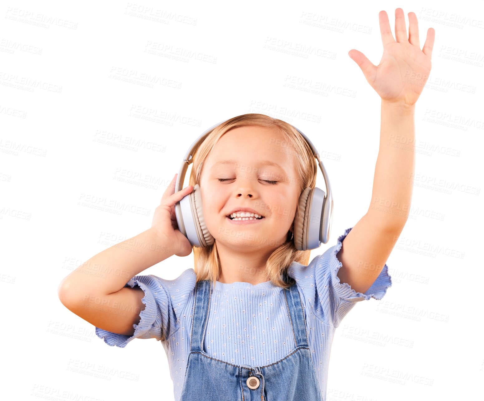 Buy stock photo Headphones, dance and child streaming music to relax with smile isolated on png transparent background. Freedom, excited or happy girl listening to a radio song, sound or audio on online subscription