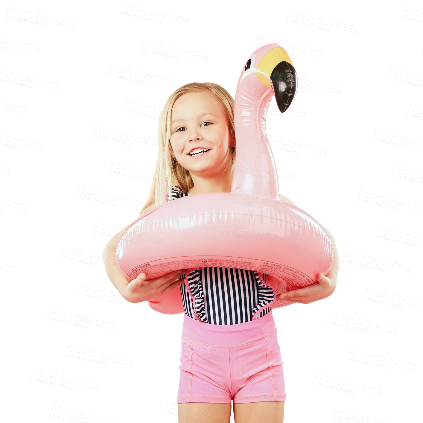 Buy stock photo Girl kid, summer and swimsuit with an inflatable flamingo for swimming isolated on a transparent background. Portrait, toys and playful with a happy young child on PNG for vacation or holiday fun