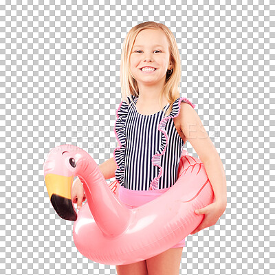 Buy stock photo Girl child, summer and swimsuit with an inflatable flamingo for swimming isolated on a transparent background. Portrait, toys and playful with a happy young kid on PNG for vacation or holiday fun