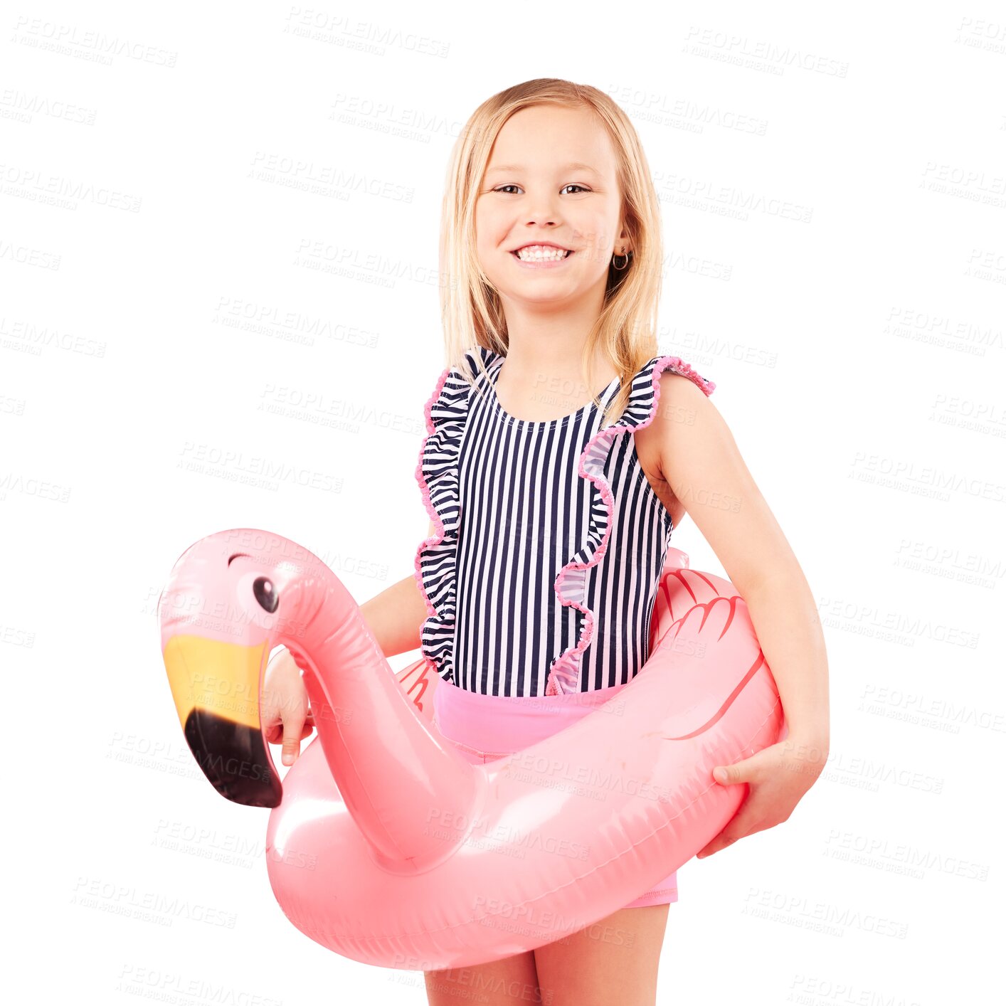 Buy stock photo Girl child, summer and swimsuit with an inflatable flamingo for swimming isolated on a transparent background. Portrait, toys and playful with a happy young kid on PNG for vacation or holiday fun