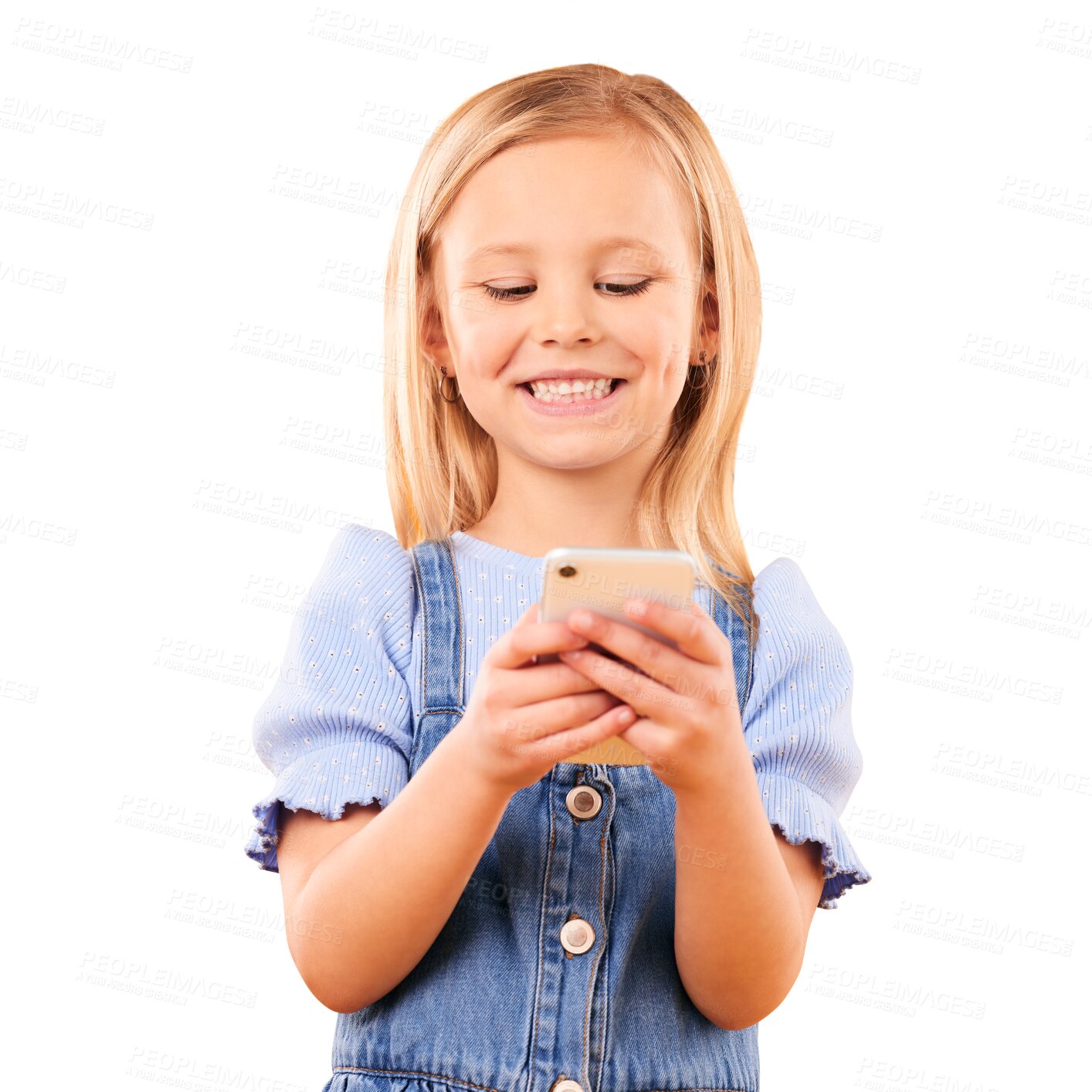 Buy stock photo Child, smile and typing with phone on social media, app or play mobile games on transparent or png background. Happy, girl and kid with smartphone to chat, search online or watch a video on internet