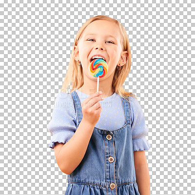 Buy stock photo Child, portrait and lollipop candy eating for happy sweet tooth, sugar rush or isolated transparent png background. Female person, face and dessert hungry smile for unhealthy snack food, fun at party