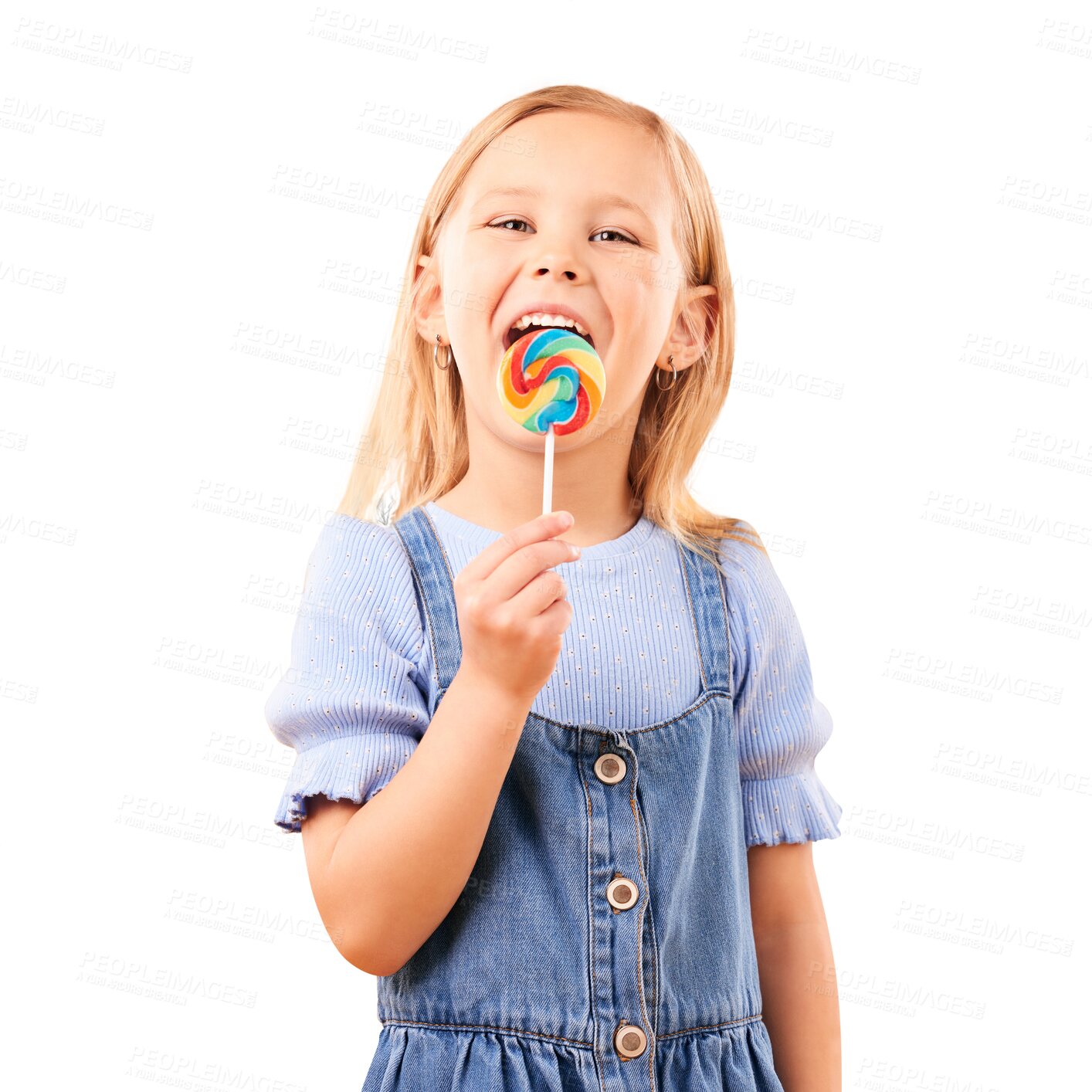 Buy stock photo Child, portrait and lollipop candy eating for happy sweet tooth, sugar rush or isolated transparent png background. Female person, face and dessert hungry smile for unhealthy snack food, fun at party